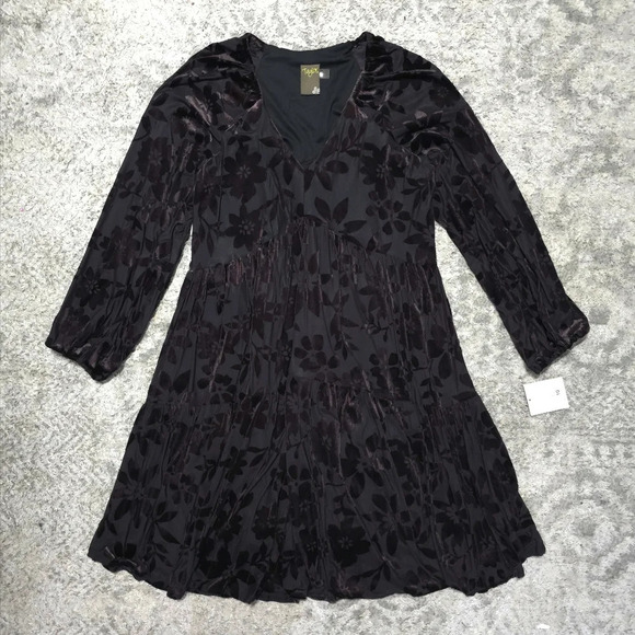 TAYLOR Long Sleeve Black Burnout Velvet Floral Empire Waist Dress, Tiered Skirt - Picture 9 of 16